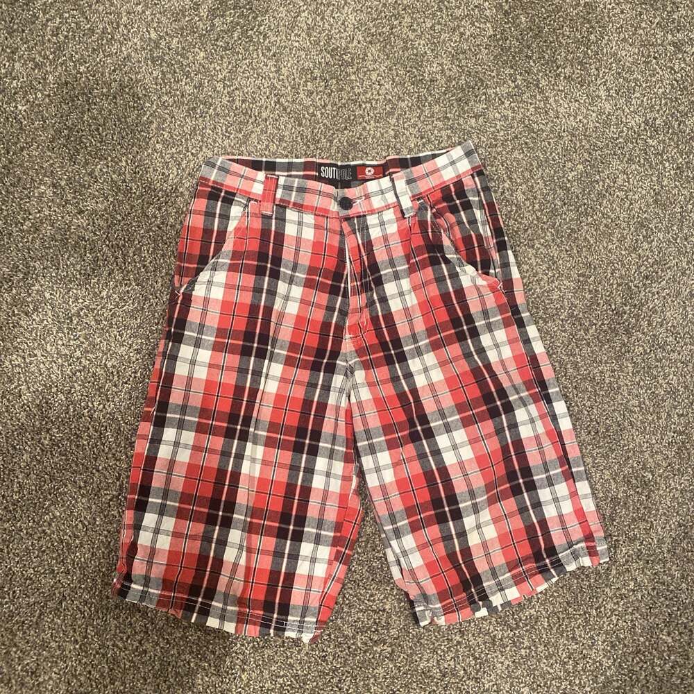Southpole Men's Red Plaid Flat Front Casual Shorts